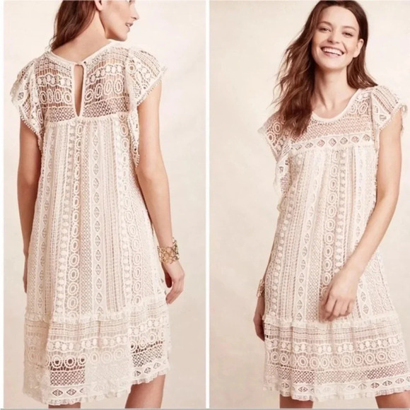 NWT 𝅺Anthropologie Maeve Crochet Lace Tunic Dress Size S In SND/Sable